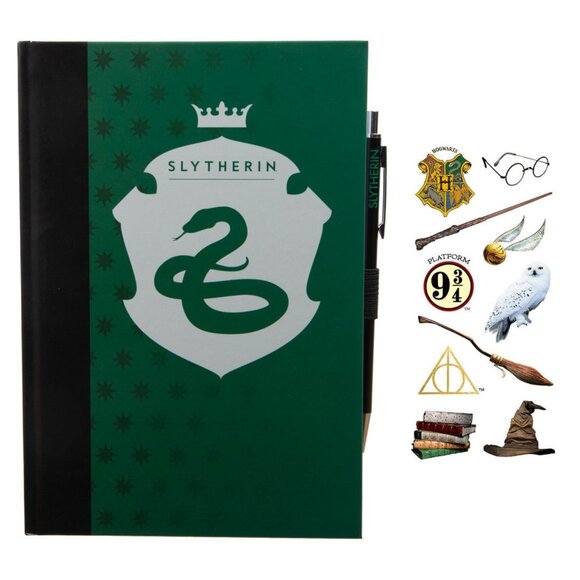 Harry Potter Slytherin Hardcover Journal and Pen with Icon Stickers 3 Pack Set - Picture 1 of 10
